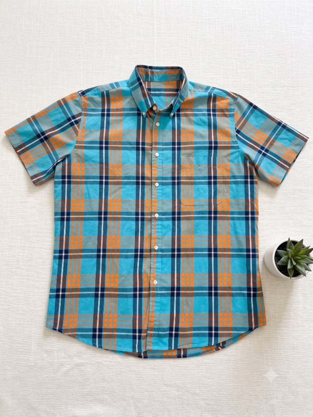 Sun River Mens 2XL Short Sleeve Button Down Shirt Turquoise Orange Plaid Pocket